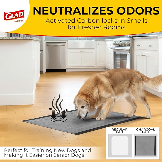 Glad for Pets Black Charcoal Puppy Pads - 6-Layer Leak-Proof Construction, Activated Carbon Odor Control, Pheromone Attractant - Disposable Dog Pee Pads for Potty Training, 23 x 23 in, 100 Count