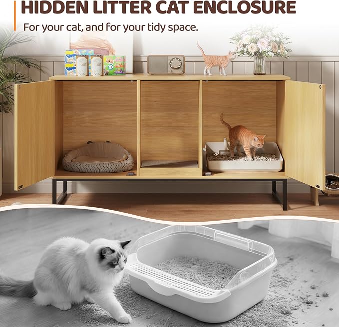 Kitty Litter Box Enclosure for 2 Cats, Small Hidden Cat Litter Box Furniture with Scratch Pad, Modern Fluted Double Litterbox Cabinet TV Stand for Kittens, Natural