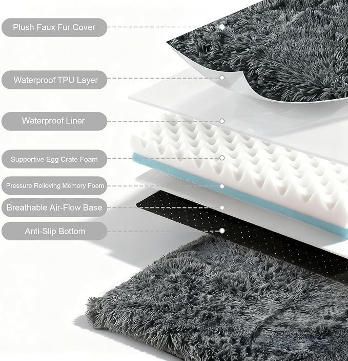 XL Orthopedic Dog Bed for Large Dogs, Dual-Layer Memory & Egg-Crate Foam, Washable Warm Winter Plush Cover, Waterproof Liner, Non-Slip Bottom, Crate/Kennel Pad, 44 x 32 Inch, Dark Gray