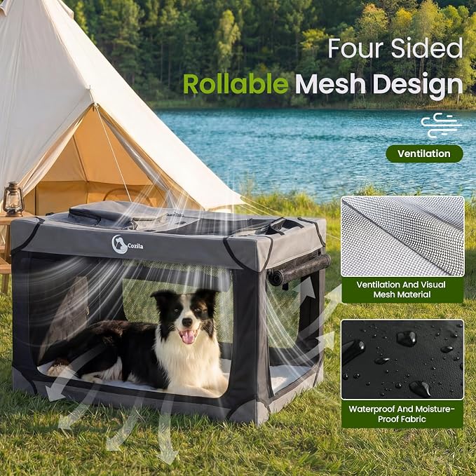 Portable Collapsible Dog Crate for Extra Large Dogs, 4 Mesh Doors & 2 Storage Bags, Indoor Outdoor Travel Dog Kennel, BlackGrey, 42" x 30" x 30"