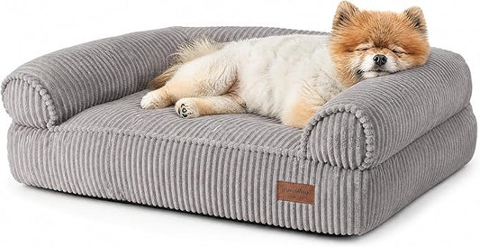 FUKUMARU Dog Couch Bed, Corduroy Cozy Cat Bed for Indoor Cats with Washable Cover, 28in Waterproof Orthopedic Dog Beds Sofa for Small Dogs and Large Cats, Cute Warm Cotton Pet Sofa, Grey