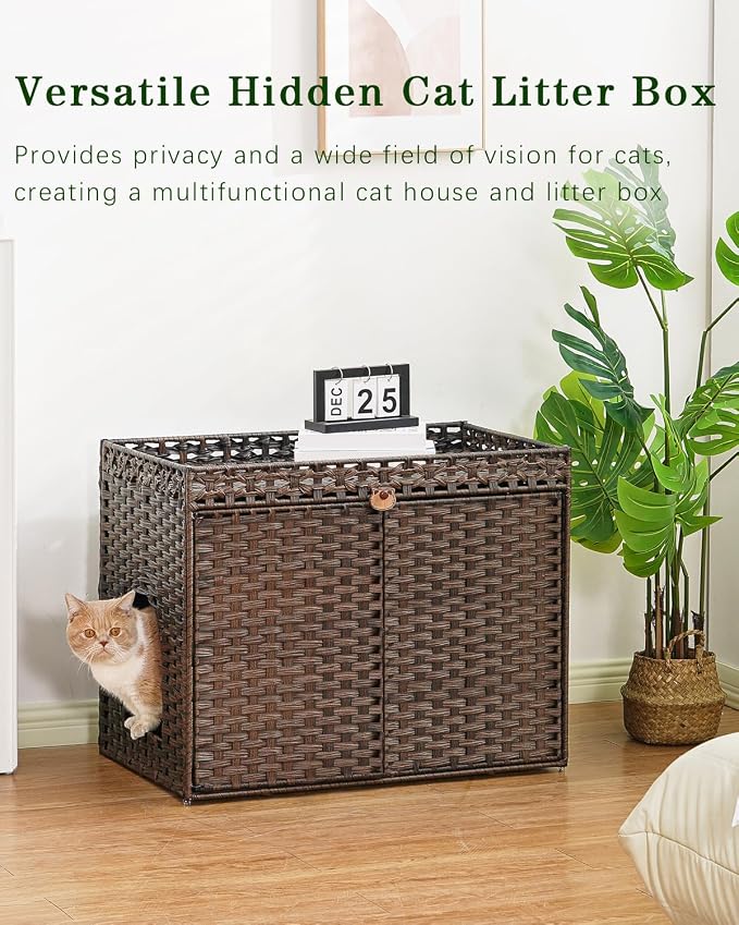SETVSON Cat Litter Box Enclosure Furniture, Handwoven Rattan Hidden Litter Box with Mat, Large Space Cat House with 2 S-Shaped Hooks, 30.3 x 18.3 x 24.4 Inches, Indoor for Living Room Apartment Brown
