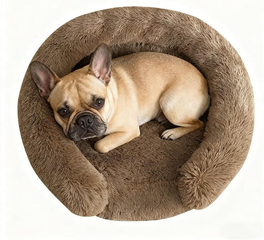 Calming Dog & Cat Beds with Orthopedic Egg-Crate Foam Raised Rim, Soft Fluffy Faux Fur Pet Bed for Small Medium Dogs, Anxiety Relief Spine Support, Machine Washable Cover (Round, Coffee 23")