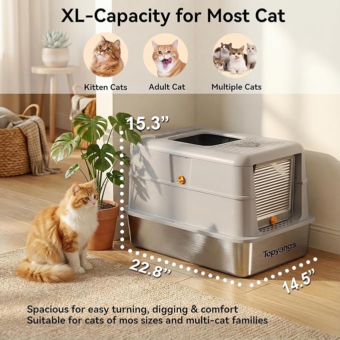 Stainless Steel Cat Litter Box, Enclosed Odor Control Extra Large Metal Litter Box with Lid, 135° Flip-Top Covered Design, Leak-Proof High Sided Box for Large Cats & Multi-Cat Homes, Gray