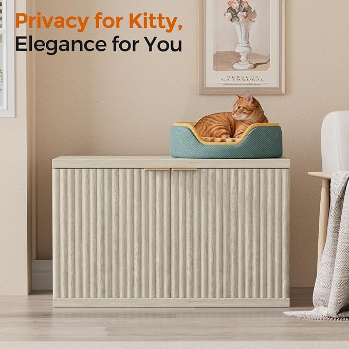 Homhedy Cat Litter Box Enclosure, Modern Fluted Accent Cat Washroom Furniture, Pet House, Fit Most of Litter Box,Cream Gray