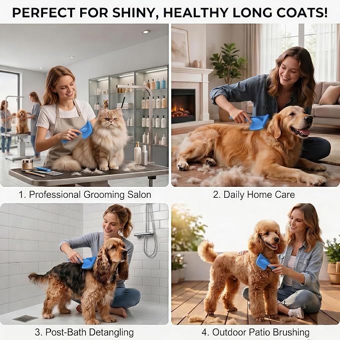 Large Slicker Brush for Dogs - 3-Piece Solid Wood Dog Grooming Kit for Doodles and Poodles - for Wavy, Curly & Matted Hair, Blue