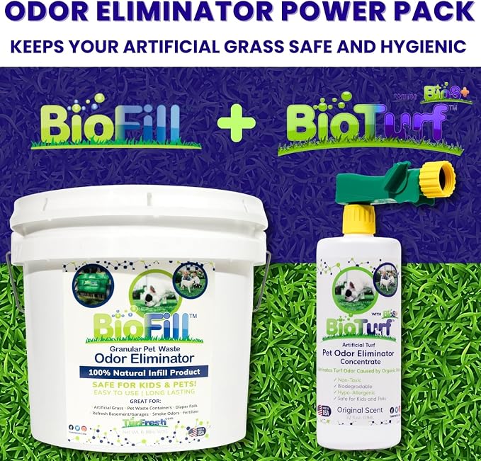 BioTurf Mini Power Pack Turf Cleaner for Pet Urine Outdoor - Artificial Turf Cleaner Concentrate - Yard Deodorizer for Dog Urine & Feces - Enzyme Kennel Odor Eliminator 32 oz Spray & 8 lb Infill