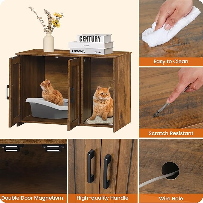 DWANTON Litter Box Enclosure, Cat Litter Box Furniture Hidden, with Scratching Mat, Wooden Cat Washroom Indoor, 31.5" L x 19.7" W x 21.7" H, Warm Brown