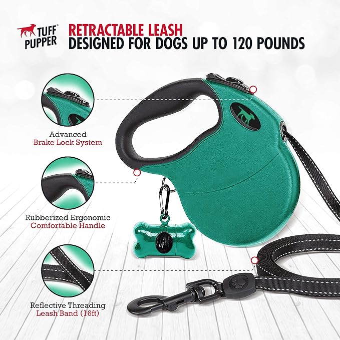 Tuff Pupper Retractable Dog Leash and 27oz Pupflask Portable Water Bottle - Green
