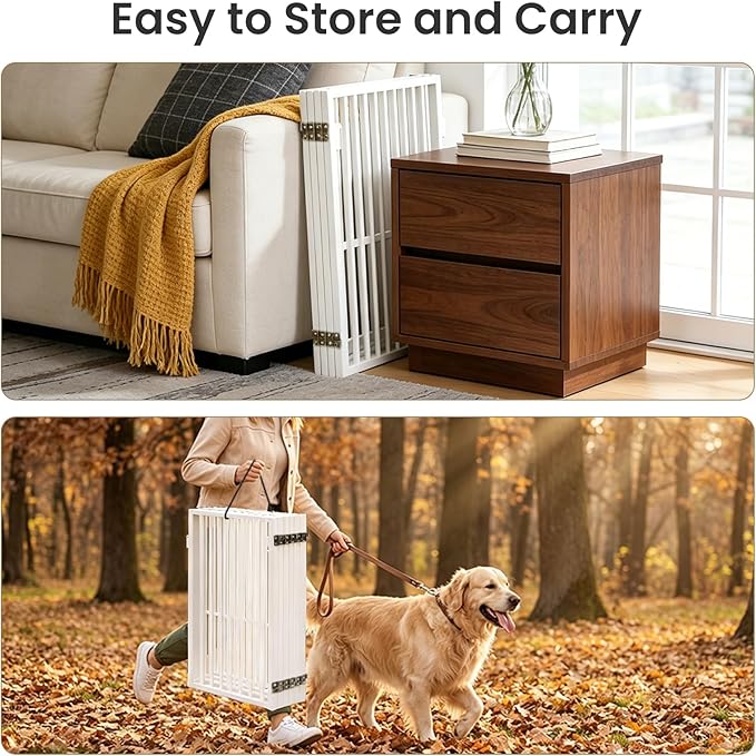 Full Metal Freestanding Dog Gate with Cat Door for Outdoor & Indoor,34" Tall Foldable Pet Fence,80" Extra Wide Free Standing Dog Gate for RV Camping,Stairs,Hallways,Doorways,Deck,Yard (4 Panels,White)