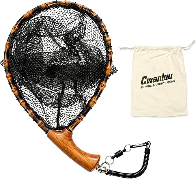 Floating Handcrafted Bamboo Fly Fishing Landing Net, Solid Wood Handle, Soft Rubber Coated Mesh for Trout, Kayak & Stream Fishing, Includes Magnetic Release & Safety Lanyard