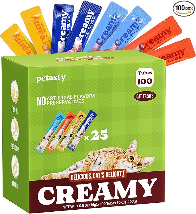 Lickable Cat Treats, High Moisture Hydrating Creamy Puree Squeeze Tubes, Variety Pack, 100 Tubes 0.5oz, Grain-Free, Omega Oils & Vitamin E, Skin & Coat Health, Digestive and Immune Support