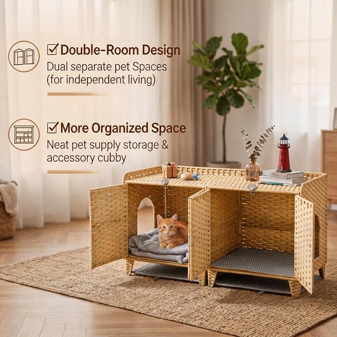 Cat Litter Box Enclosure Furniture, Handwoven Rattan Cat Houses, Hidden Cat Washroom Furniture with Door/Mat, Large Space Cat Houses with S-Shaped Hooks, Living Room, Bedroom, Natural