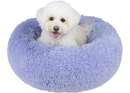 Best Pet Supplies Round Donut Dog Bed with Plush Faux Fur Fabric, Calming, Anti-Anxiety Cushion for Indoor Pets, Slip-Resistant Base, Soft Ergonomic Support - Lavender, 30x30x8''