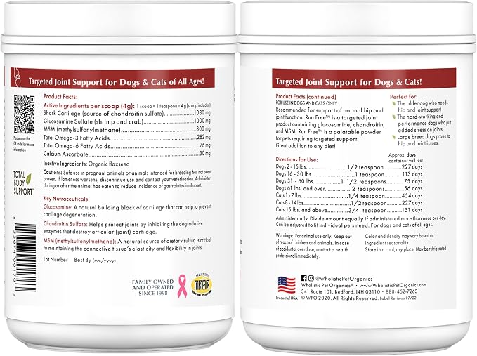 Wholistic Pet Organics Max Strength Hip and Joint Supplement for Dogs & Cats - Cat & Dog Joint Supplement Powder, Chondroitin & MSM to Support Mobility - Glucosamine for Dogs & Cats - 4 oz - 28 Scoops