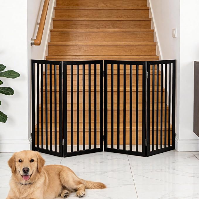 Dog Gate Indoor, Freestanding Dog Fence for The House, Doorways, Hallways,or Stairs,Pet Gate Foldable Wooden,Expandable 32" Height 4 Panels,Black