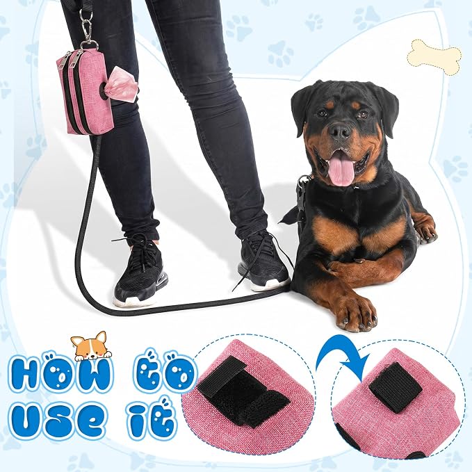 Aliceset 4 Pcs Dog Poop Bag Holder for Leashes Fabric Dog Poop Bag Dispenser and Treat Holder with 8 Rolls Pet Waste Pouches(Brown and Yellow, Black, Pink, Blue,Double Zipper)