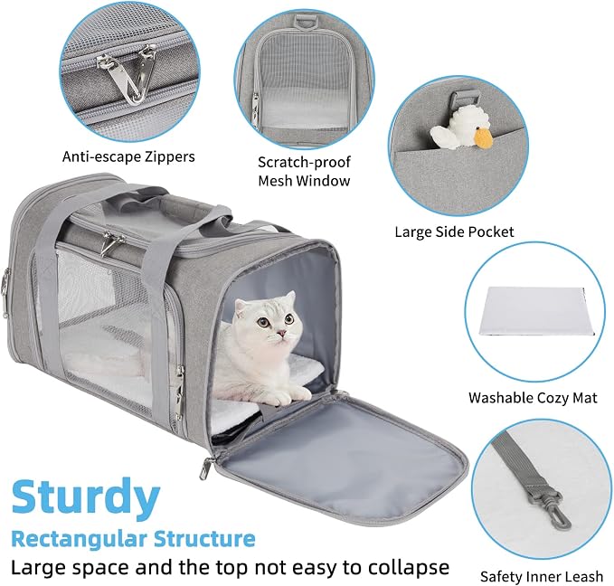 Pnimaund Large Pet Carrier, Soft Sided Cat Carriers for Large Cats Under 20 lbs, Soft Dog Carriers for Medium Dogs Small Dogs, Collapsible Cat Carrier for 2 Cats Travel Carrier - Grey