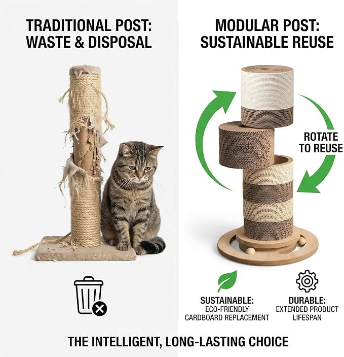 32” Tall Cat Scratching Post – Large Vertical Cardboard Cat Scratcher for Indoor Cats, Modular Replaceable Blocks, Heavy Stable Base, Modern Scratching Post for Adult & Large Cats