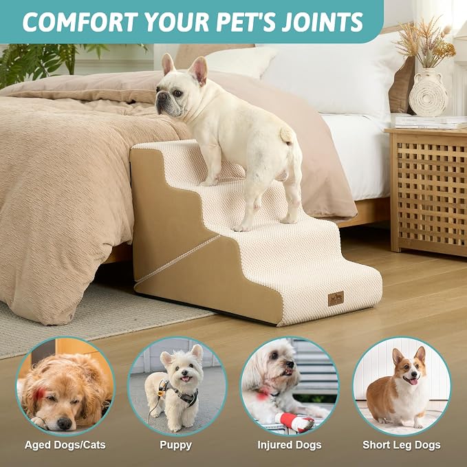 COZY KISS Dog Stairs for Small Dogs, 3-Step 2 in 1 Transformable Pet Stairs for Couch and Bed, 15.7" H Dog Steps for Old Cats, Puppy, Small Dogs (Beige, 17.7x28.3x19.7 in, 4.0)