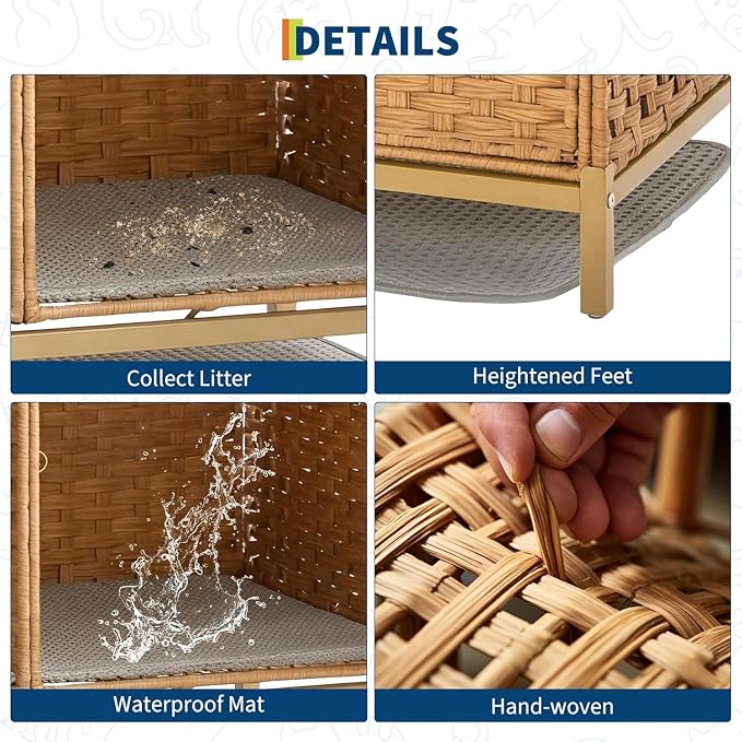 Cat Litter Box Enclosure Furniture, Handwoven Rattan Cat Houses, Hidden Cat Washroom Furniture with Door/Mat, Large Space Cat Houses with S-Shaped Hooks, Living Room, Bedroom, Natural