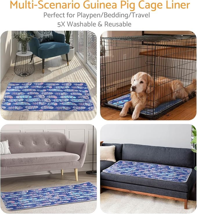 Quick Absorbing Anti-Slip Odor-Resistant Small Pet Cage Liner 48*24in 4pc Washable Reusable Pee Pad for Guinea Pig/Rabbit Cage, Hamster Playpen - Protects Floors/Carpets,
