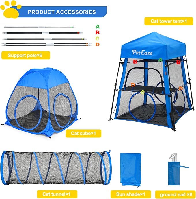 Catio Outdoor Cat Enclosure, 3-in-1 Extra Large Portable Cat Playpen with Tower Tent & Tunnel, Foldable Waterproof Mesh Catio for Indoor Outdoor Cats & Small Pets