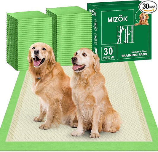 MIZOK Pee Pads for Dogs 36x36in Bamboo Dog Pads Extra Large Super Absorbent Odor Eliminating Leak-Proof, Puppy Pads with Adhesive Tabs for Large Breeds, Disposable (30 Count)