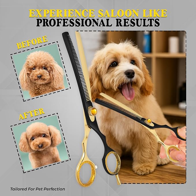 7.5” Curved Thinning Shears for Dogs and Cats – 34 Tooth Professional Pet Grooming Scissors – Smooth, Quiet Blending Shears for Face, Ears, Chest and Legs, Ergonomic Design for Home and Pro Use