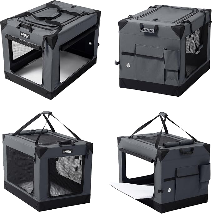EliteField 4-Door Folding Soft Dog Crate (2-Year Warranty) with Aluminum Frame, Top Curtain, Carrying Bag, and Fleece Bed, Indoor & Outdoor Pet Home (26" L x 19" W x 20" H, Gray)
