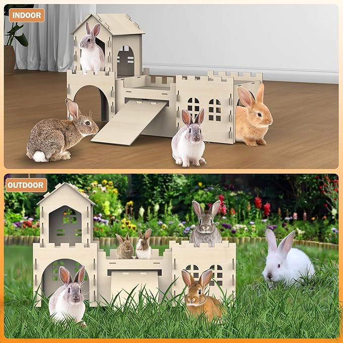 Large Bunny Castle for Rabbits, Wooden Dual-Layer Rabbit House with Stair, Rubber Band-Free Setup - Chew-Proof, Sturdy Habitat for Guinea Pig Chinchilla Ferret (Rabbit House)