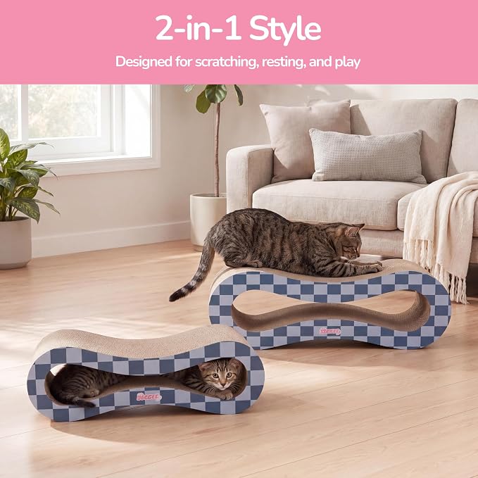 Suvi 26" Modern Cardboard Infinity 2-in-1 Lounge Bed Cat Scratcher with Catnip, Navy/Blue Checker, Corrugated Surface and Tunnel for Indoor Cats CSR1014J
