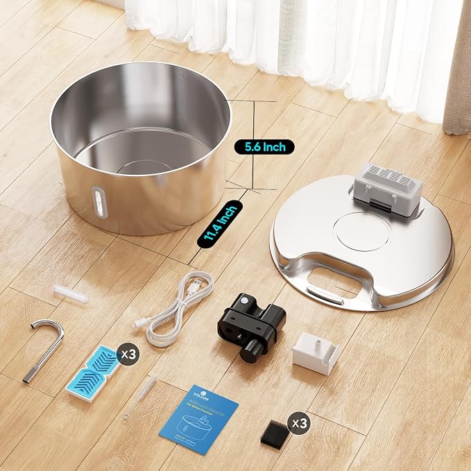 Voluas Dog Water Fountain: 1.8Gal/7L Wireless Stainless Steel Dog Fountain Bowl for Small to Large Dogs, Battery Operated Pet Water Dispenser Indoor with Ultra-Quiet Pump, Easy Clean, 3 Filter