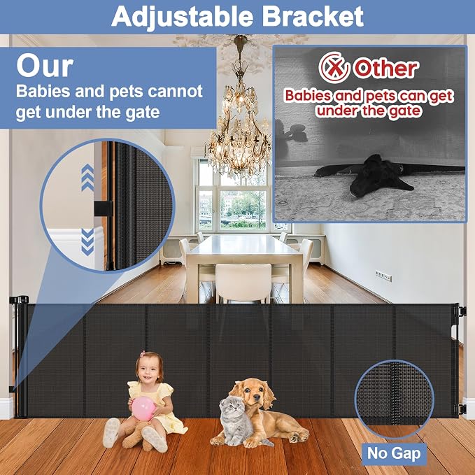 Reinforced 150 Inch Extra Wide Retractable Dog Gates for Doorways, Stop Babies and Dogs from Crawling Under, Extra Wide Baby Gates for Large Openings, Mesh Baby Gate Retractable Pet Gate Outdoor Black