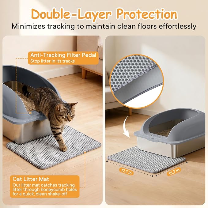 Extra Large Cat Litter Box with Lid, Stainless Steel Cat Litter Box with Scoop and Mat, High Walls for Anti-Urine Leakage, Easy Cleaning, Dark Gray
