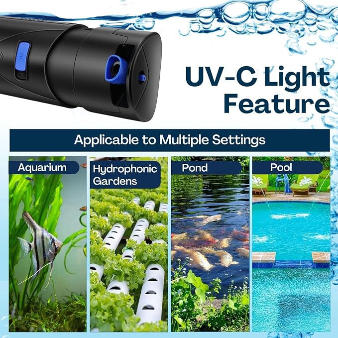 Flexzion Aquarium Filter U-V, 100 Gallon Fish Tank Filter with U-V Light for Green Control Cleaning, 200GPH Submersible Aquarium Pump for Turtle Tank, Freshwater Crystal Clear & Saltwater