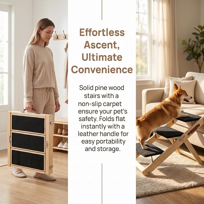 Wooden Dog Ramp for Bed and Couch, 4 Adjustable Heights Folding Pet Ramp with High Traction Fabric Surface, Portable Solid Pine Wood Dog Steps for Couch, Max 25KG (X Trumpet)