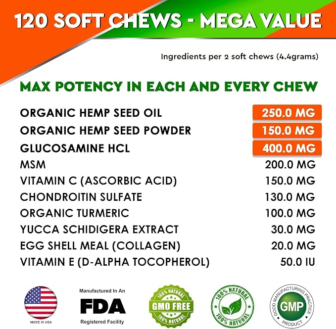 Hemp Hip & Joint Supplement for Dogs - 2 Jars Bacon + Duck Flavoring - Glucosamine, Chondroitin, MSM, Turmeric, Hemp Seed Oil & Hemp Protein for Joint Pain Relief & Mobility - 240 Chews Made in USA