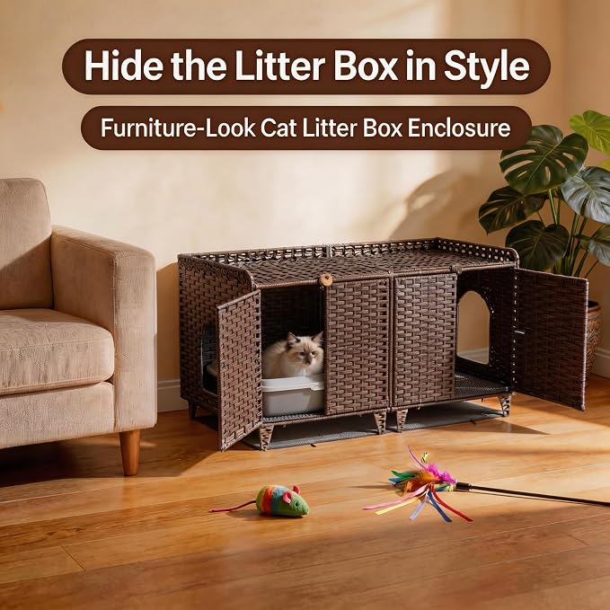 GAOMON Cat Litter Box Enclosure Furniture, Handwoven Rattan Cat Houses, Hidden Cat Washroom Furniture with Door/Mat, Large Space Cat Houses with S-Shaped Hooks, Living Room, Bedroom, Brown