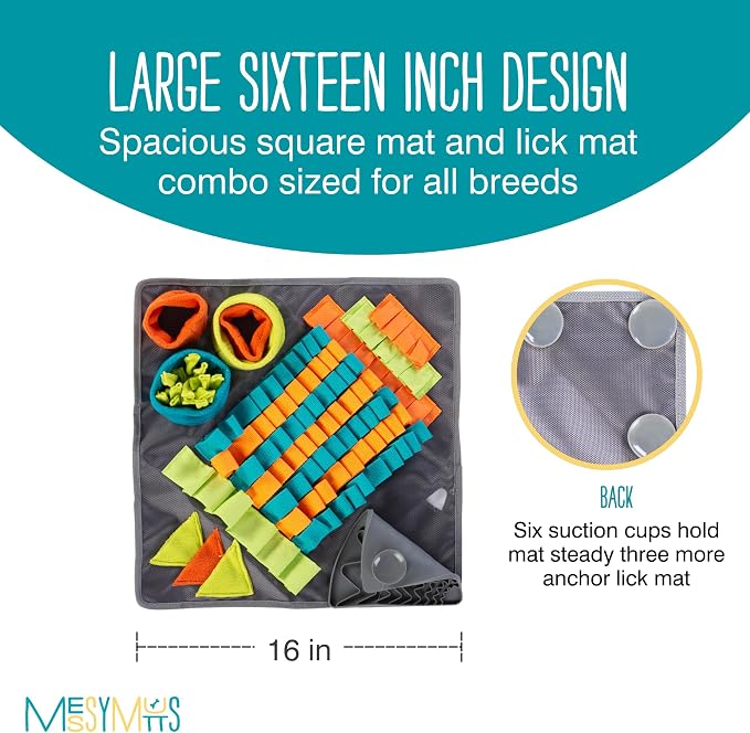 Messy Mutts Square 16" x 16" Forage and Lick Mat with Non-Slip Suction Cups | Stimulating Sniffing Interactive Puzzle for Dogs | Silicone Triangle Licking