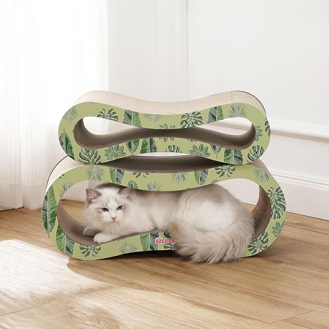 Suvi 26" Modern Cardboard Infinity 2-in-1 Lounge Bed Cat Scratcher with Catnip, Green Leaf, Corrugated Scratching Surface and Tunnel for Indoor Cats CSR1014I