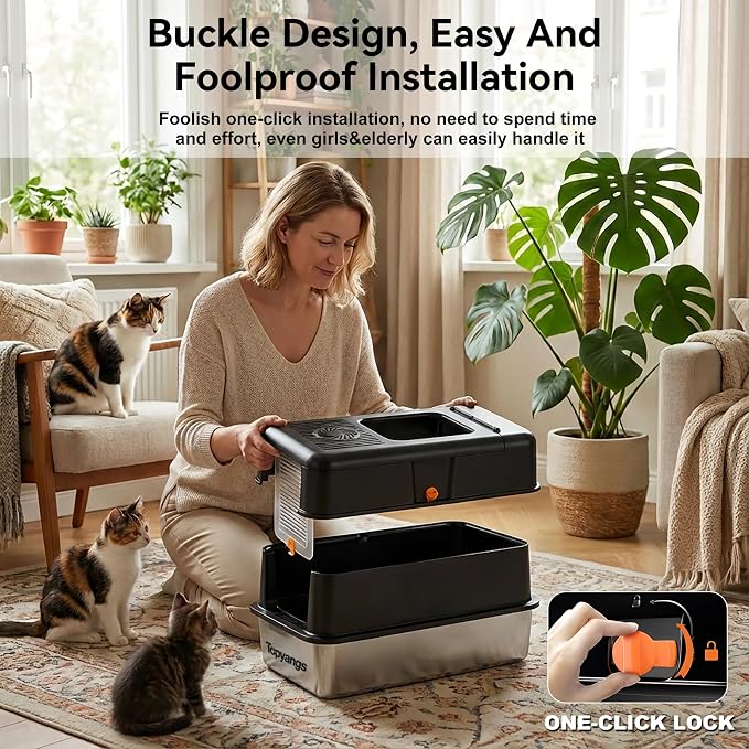 Stainless Steel Cat Litter Box, Enclosed Odor Control Extra Large Metal Litter Box with Lid, 135° Flip-Top Covered Design, Leak-Proof High Sided Box for Large Cats & Multi-Cat Homes, Black