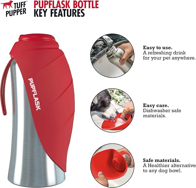 Tuff Pupper Retractable Dog Leash and 27oz Pupflask Portable Water Bottle - Red
