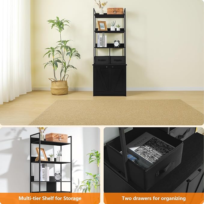 DWANTON Litter Box Enclosure with 3 Storage Shelves and 2 Drawers, 2-in-1 Hidden Cat Litter Box Enclosure Furniture with Shelf, Reversible Entrance, Washable Drawers, 61.8-Inch, Black