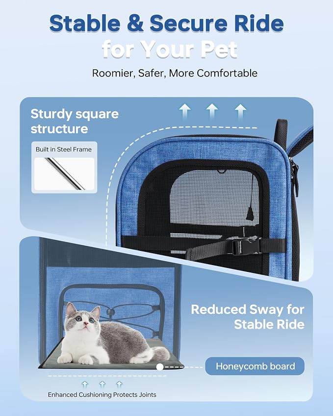 Hiking Dog Carrier Backpack, Adjustable Waist Cushioning Belt with Breathable Padded Back Support, Dog Carrier for Hiking with 5 Pockets, Dog Carrier Backpack for Small Dogs Max 13LB Blue