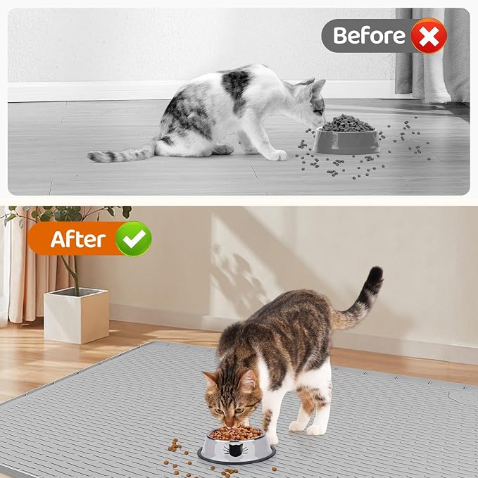 Cat Food Mat, 40" x 28" Cat Litter Mat Extra Large Silicone Pet Feeding Mat with Raised Edge Pet Placemat for Food and Water Bowl Non-Slip, Easy to Clean, Floor Protection (Light Gray)