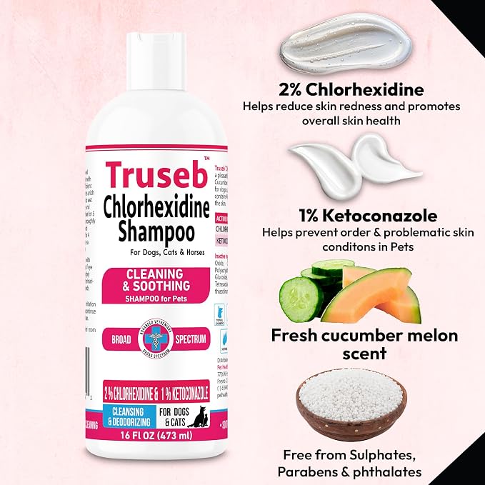 Truseb Topical Ketoconazole and Chlorhexidine Shampoo for Dogs, Cats, and Horses with Aloe - 32 oz (Ketoconazole & Chlorhexidine Shampoo, 32 oz)