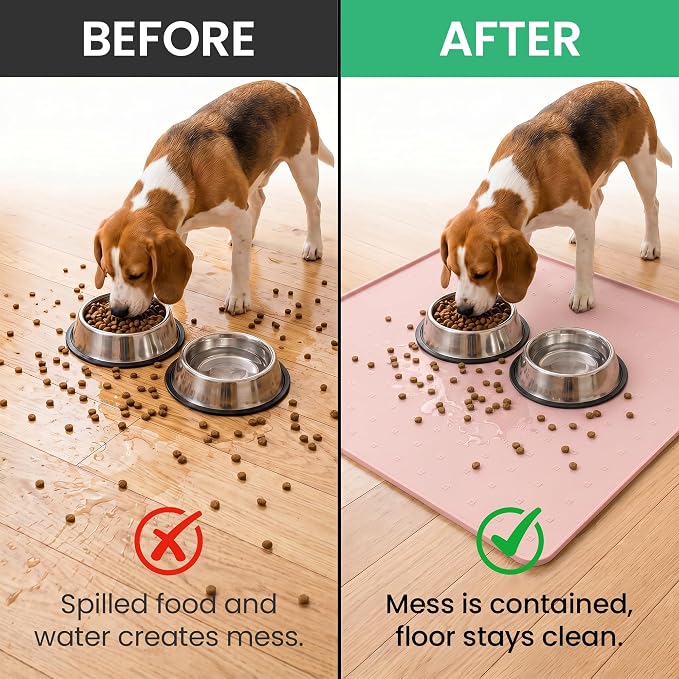 Silicone Pet Feeding Mat, 26x26 Inch Waterproof Dog Bowl Mat – Non-Slip, Machine Washable, Thin 0.28 Inch Edge for Messy Eaters, Protects Hardwood & Tile Floors, Pink