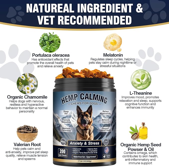 Dog Calming Chews 200ct Calming Chews for Dogs - Anxiety and Stress Relief Melatonin Treats Sleep Aid Bites for Small/Medium/Large Dogs Calm Dog Separation, Fireworks,Thunder, Barking,Chewing