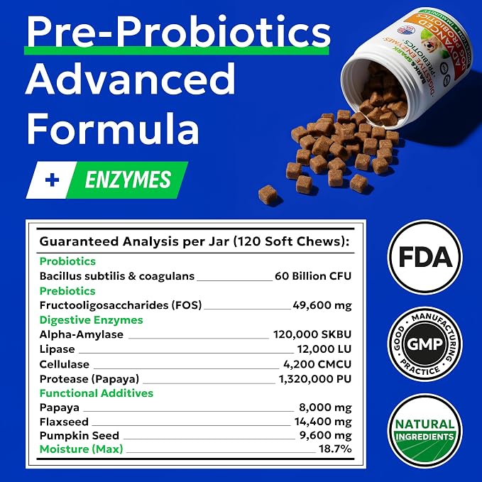 Bark&Spark Vet Strength Dog Probiotics Chews - 60 Billion CFU per jar - Digestive Enzymes for Dogs Gut Health - Chewable Supplement for Diarrhea, Gas, Constipation, Upset Stomach Relief (120 Ct)